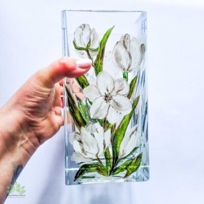 Wazon Szklany 20cm - Białe Tulipany