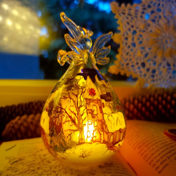 Świecznik Szklany - Anioł z Zimowa Wioska