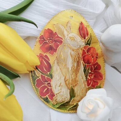 Jajko Dekoracja - Witrażka - Zając w Tulipanach